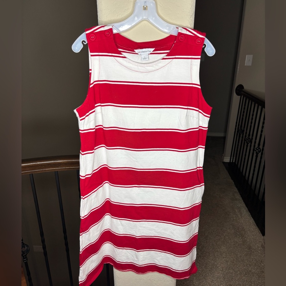 Liz Claiborne Red and White Striped Dress 100% Cotton Size L Accent Buttons